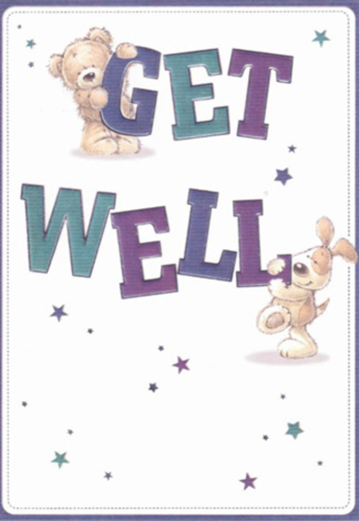 This uplifting get well card radiates the kind of gentle encouragement often seen in the heart of Tottenham Hale, where neighbours look out for one another. Two charming friends-a bear with soft, painted fur and a puppy with long, floppy ears-come together to pass along their wishes for healing, much like local florists assembling the perfect bouquet near the banks of the Lea. Starbursts in lilac and aquamarine scatter joyfully around them, adding a buoyant energy akin to spring wildflowers along Tottenham High Road. The big, block lettering in confident shades of purple and teal dominates the foreground, providing a reassuring presence that seems to leap forward with optimism. There's a tactile richness to their softly illustrated fur, a sense you could almost reach out and stroke their comforting shapes. The clean, open background lets every hopeful element shine, reinforcing the card's message of clarity and renewal. Just as a hand-tied bouquet from a Tottenham Hale florist is composed with devotion and strength, so too does this card convey heartfelt encouragement and resilience. It's a design that feels equally at home alongside a fresh arrangement delivered to someone's doorstep after a market day by the station, spreading a bright, affirming energy to anyone who receives it.
