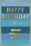 This thoughtfully designed birthday card appears as a calm, celebratory focal point, the kind of greeting you might set next to a vase of birthday flowers in a Tottenham Hale kitchen. Its entire background is made up of wide, horizontal stripes in varying shades of blue, arranged from darker tones at the bottom to lighter ones at the top. The deepest navy and royal blues gradually soften into teal, ocean, and gentle sky shades, creating a layered effect that feels like a slow, steady exhale-a peaceful backdrop to the day's festivities. Centered against this soothing blue canvas, the phrase "HAPPY BIRTHDAY" is embossed in generous capital letters, the metallic gold finish catching the light in a quiet glow. The raised texture of the lettering suggests quality card stock and careful printing, almost inviting you to trace each letter with your fingertip. Directly beneath the greeting, a delicate golden flourish scrolls across the card, an elegant dividing line that nods to traditional, hand-crafted design. Further down, three slim gold banners are stacked one above another, each bearing part of the warm instruction: "Relax, have a great day and enjoy!" The banners repeat the card's horizontal motif, guiding the eye from top to bottom in a gentle, unhurried flow. A fine gold border frames the entire design, like a picture frame or the final loop of a satin ribbon on a bouquet prepared by a local Tottenham Hale florist. The overall mood is one of relaxed celebration-a card that feels as calm and genuine as a quiet birthday morning at home, yet still clearly festive and heartfelt.